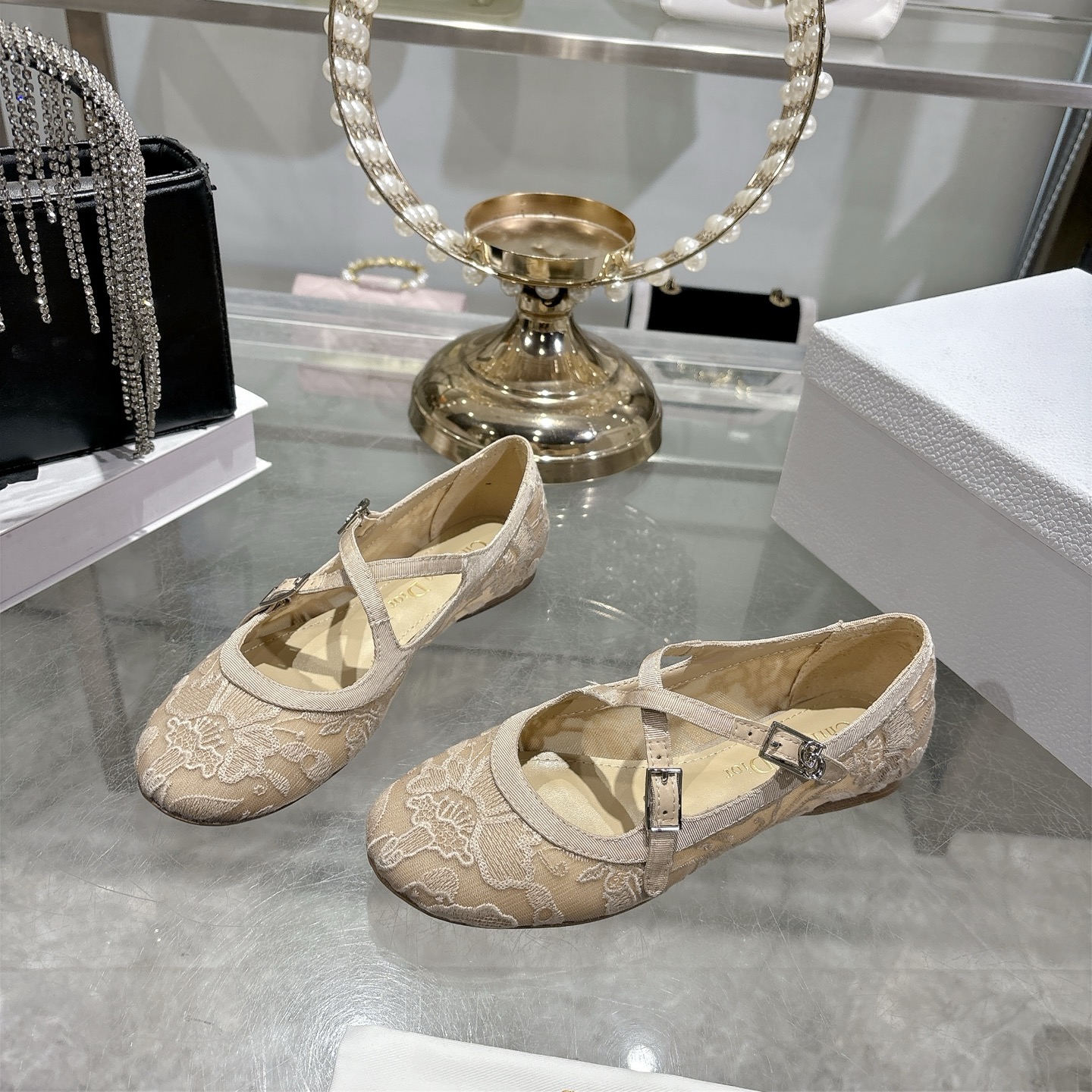 Dior-Very-Dior-Ballet-Flat-Shoes-Transparent-Mesh-Embroidered-with-Beige-Millefiori-Motif-35To41