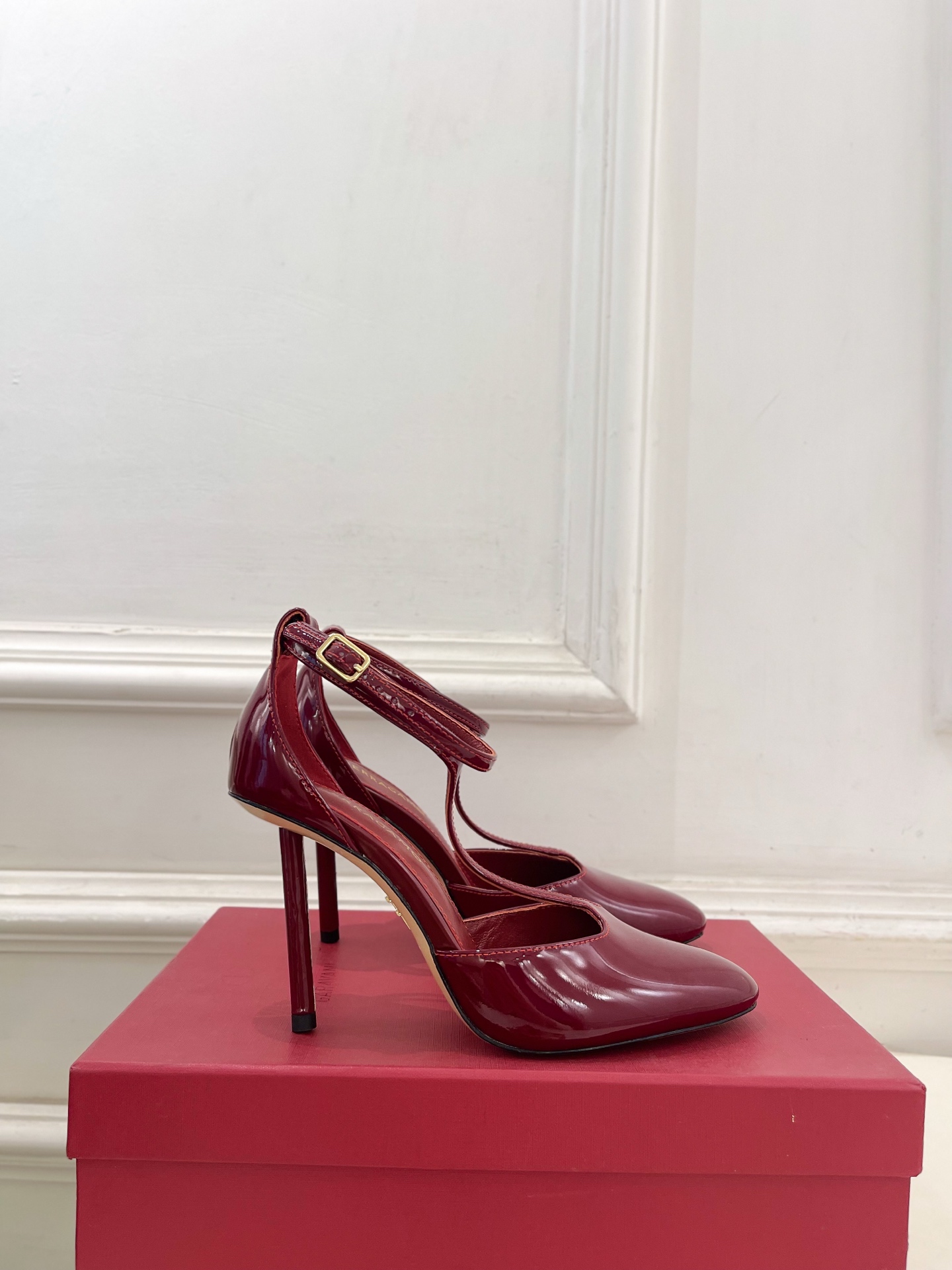 Ferragamo-T-Strap-Dark-Red-Leather-Pumps-Shoes-90MM-35To41