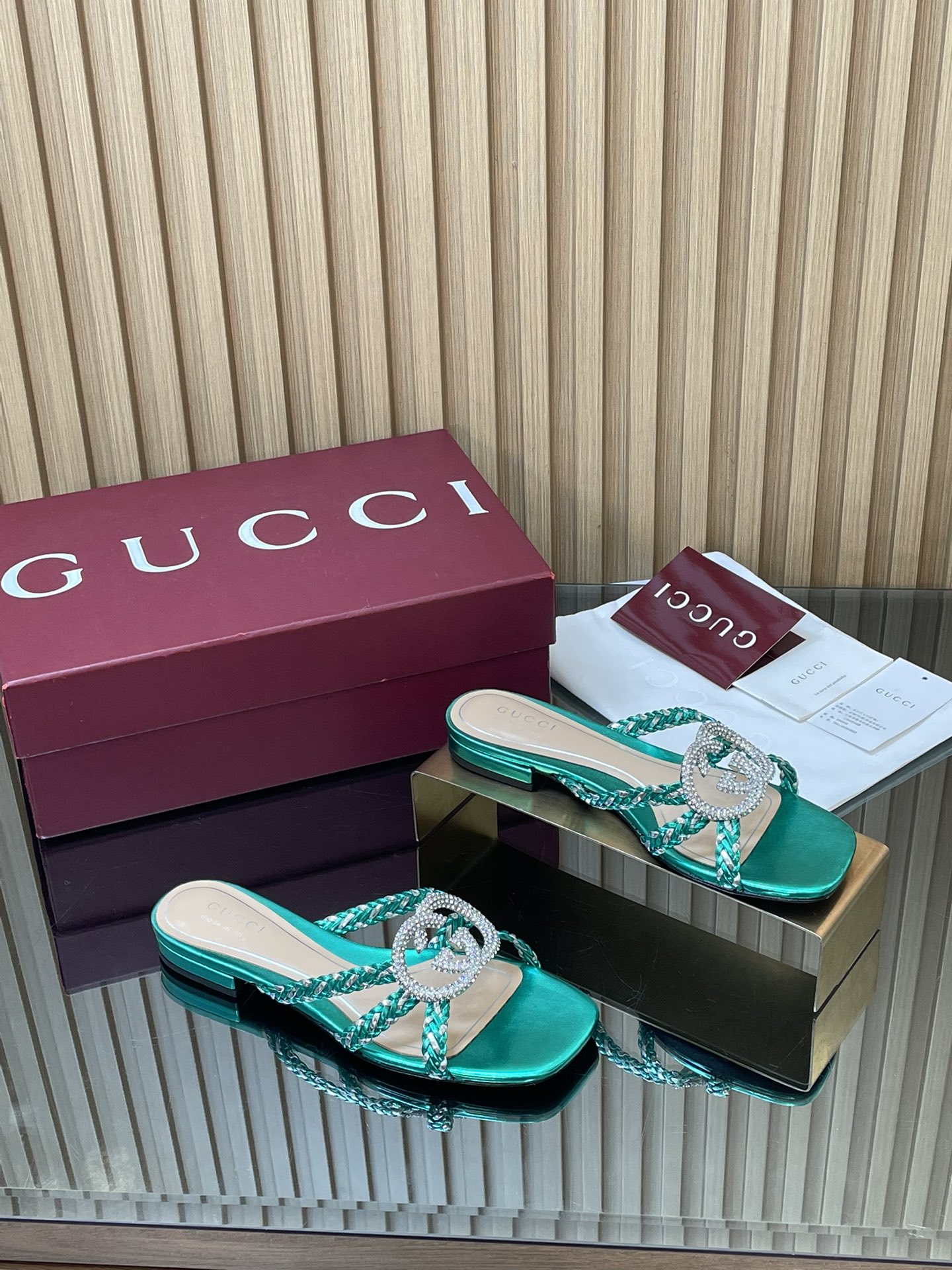 Gucci-Crystal-Interlocking-G-Slide-Sandals-Shoes-Green-Metallic-Leather-35To42