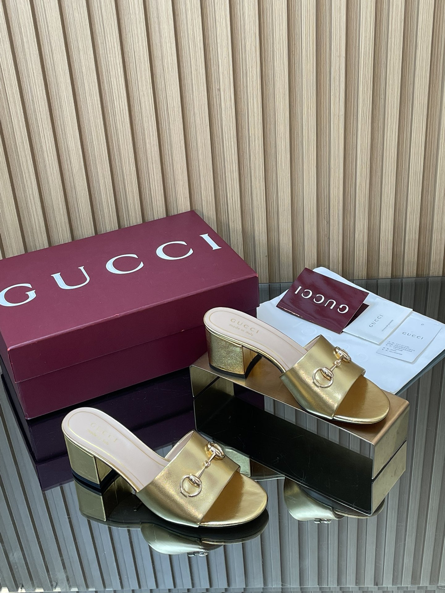 Gucci-Horsebit-Heeled-Slide-Sandals-Shoes-Gold-Calfskin-Leather-55MM-35To42