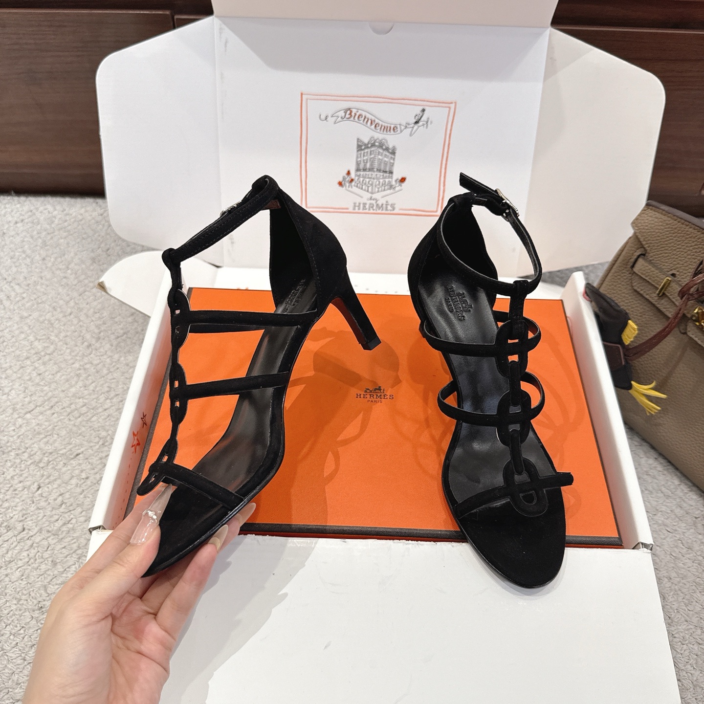 Hermes-Magic-High-Heel-Sandals-Shoes-Black-Suede-Goatskin-70MM-35To43